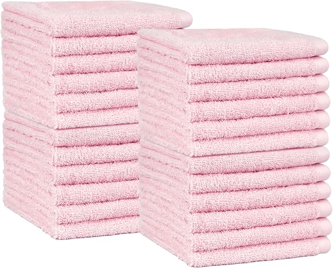 Amazon Basics face Towels for bathroom, 100% Cotton Extra Absorbent washcloth , Fast Drying - salon towel - 24 Pack Petal Pink (12 x 12 inches)