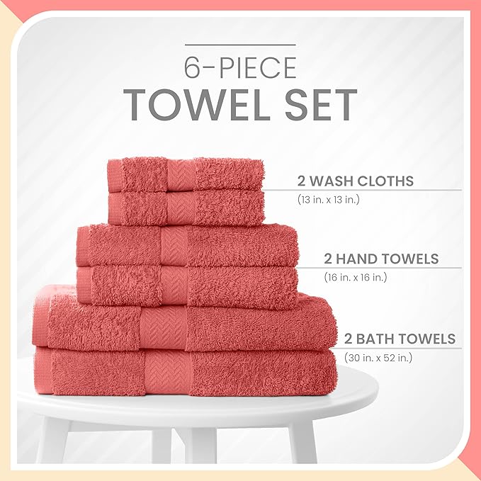 6-Piece Luxury 100% Cotton Towel Set | Quick Dry | Super Absorbent | Super Soft 100% Ringspun Cotton Towels | 2 Bath Towels | 2 Hand Towels | 2 Wash Cloths | Pink
