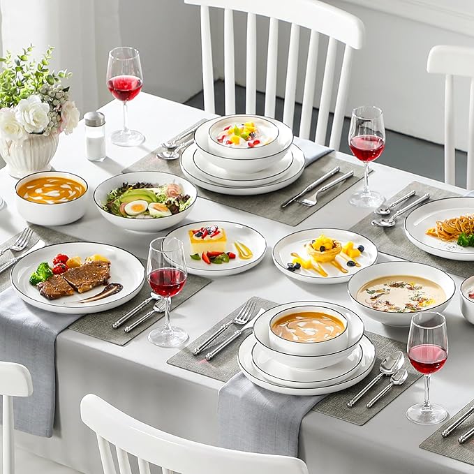 MALACASA Plates and Bowls Sets, 24 Pieces Modern Porcelain Dinnerware Set for 6 Ceramic Dishware Dishes White Kitchen Dinner Dining Ware Set wtih Black Rim Microwave and Dishwasher Safe, Series LUNA