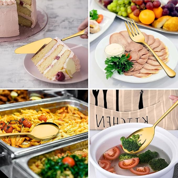 Serving Utensils, XEVOM 6-Piece Stainless Steel Serving Utensil Set Include Serving Spoon, Slotted Serving Spoon, Serving Fork,Serving Tong, Appetizers Tong,Pie Server(Gold)