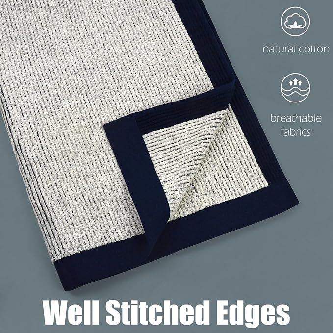 Cleanbear Fluffy Bath Towels for Bathroom, Shower Towel Set of 2, Jacquard Weaved Soft Cotton Cloths Navy-Blue, 54 by 28 Inches