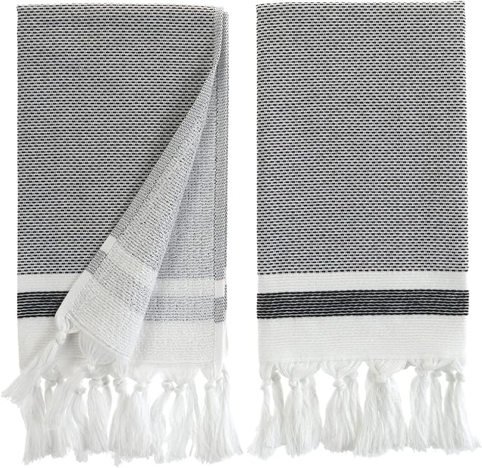 sea me at home Turkish Hand Towels for Bathroom, Kitchen Towels Decorative Set of 2, Luxury Turkish Cotton Dish Tea Towels 14 x 30 Inches for Bohemian, Rustic, and Farmhouse Decor (Black)