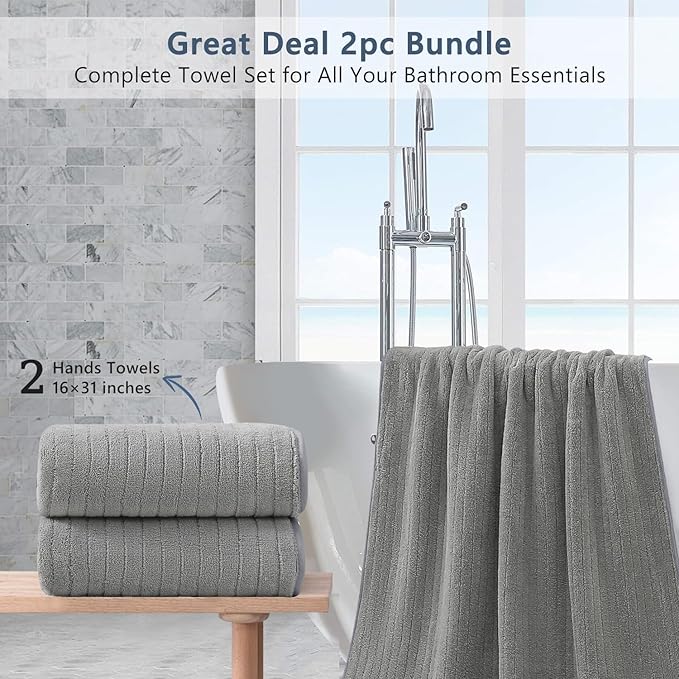 2 Piece Hand Towel Set 16"x31",Ultra Soft Bathroom Towel with Hanging Loops,100% Microfiber Towel Set,Highly Absorbent Quick Dry Hand Towel for Daily Use,Grey Towel for Bathroom,Hotel,Shower,Spa