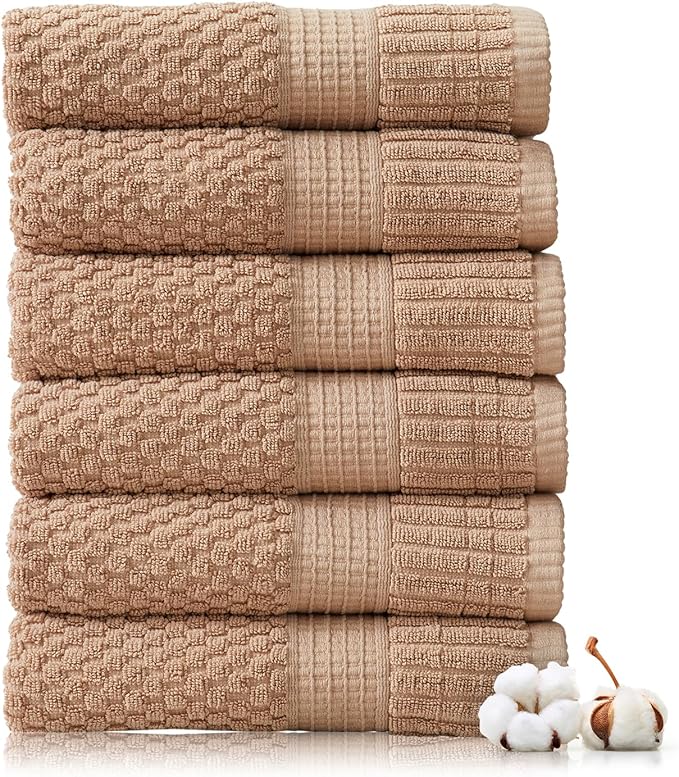 NY Loft 100% Cotton Hand Towel 6 Pack Hand Towel Set | Super Soft & Absorbent Quick-Dry Hand Towels 16" x 28" |Textured and Durable Cotton | Trinity Collection (6 Pack Hand Towel, Light Taupe)