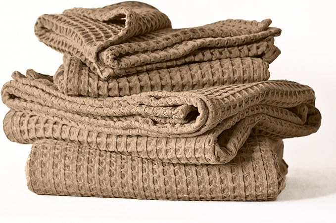 4-Piece Waffle Towels Set for Bathroom - Soft 100% Turkish Cotton Quick-Dry Lint-Free Waffle Weave Thin Bath and Hand Towels4 (Brown, 2 Bath & 2 Hand Towel Set)