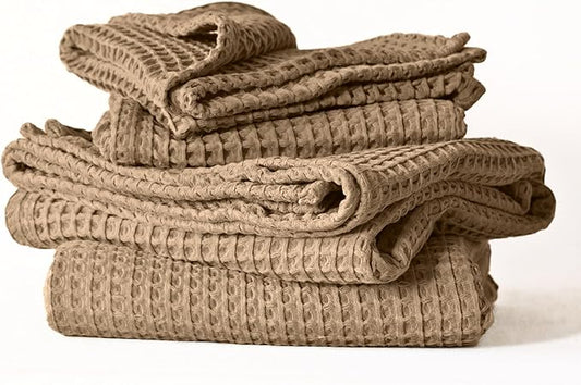 4-Piece Waffle Towels Set for Bathroom - Soft 100% Turkish Cotton Quick-Dry Lint-Free Waffle Weave Thin Bath and Hand Towels4 (Brown, 2 Bath & 2 Hand Towel Set)