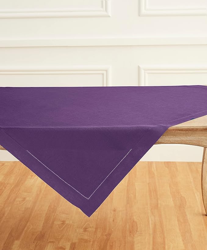 Solino Home Square Linen Tablecloth 52 x 52 Inch - 100% Pure Linen Purple Table Throw - Classic Hemstitch, Machine Washable Table Cloth for Valentines, New Year