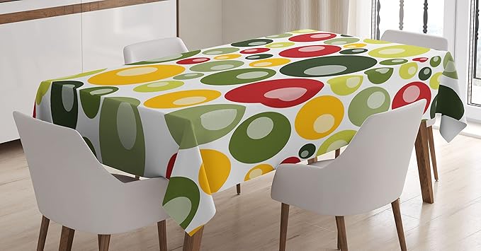 Ambesonne Retro Tablecloth, Colorful Vintage Pattern with Circle Shapes Funky Bubbles Abstract Design Artwork, Rectangular Table Cover for Dining Room Kitchen Decor, 60" X 90", Green Red