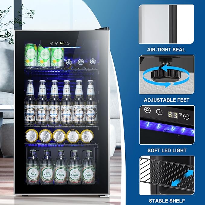 Antarctic Star Beverage Refrigerator -120 Can Mini Fridge for Soda Beer or Wine,Small Drink Dispenser, For Office or Bar with Adjustable Removable Shelves，Convertible Door ，3.1 Cu.Ft