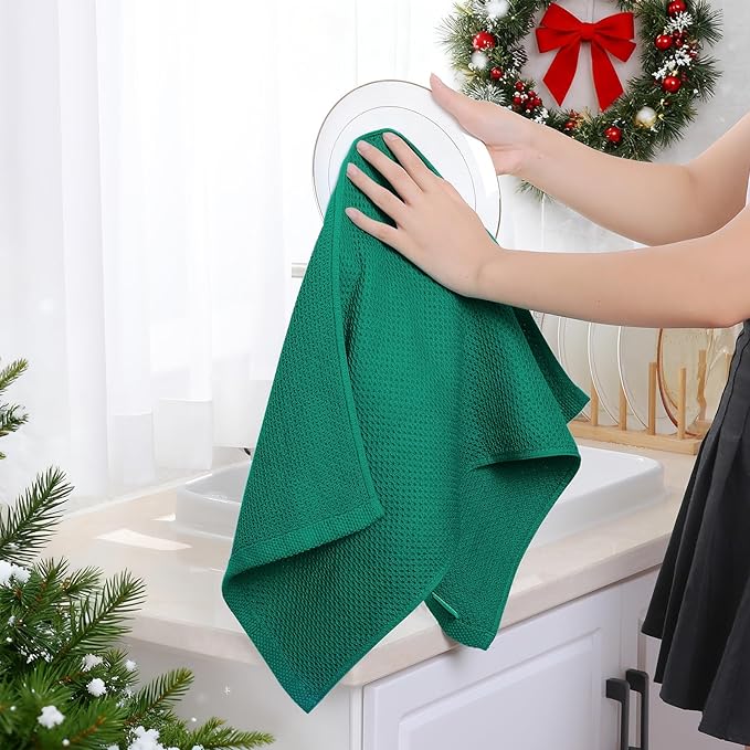 Homaxy 100% Cotton Waffle Weave Kitchen Dish Towels, Ultra Soft Absorbent Quick Drying Cleaning Towel, 13 x 28 Inches, 12-Pack, Dark Green