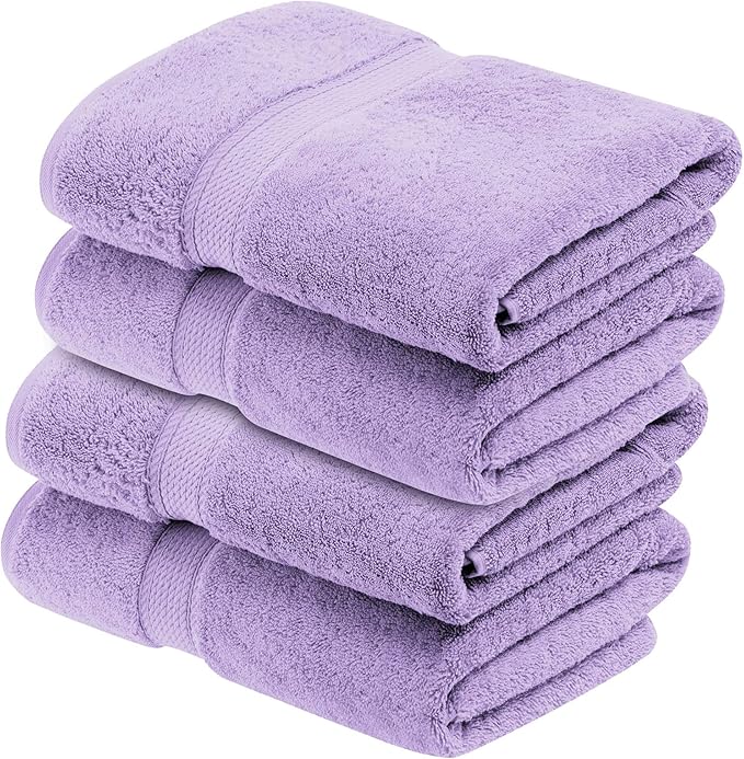 Superior Egyptian Cotton Pile Bath Towel Set of 4, Ultra Soft Luxury Towels, Thick Plush Essentials, Absorbent Heavyweight, Guest Bath, Hotel, Spa, Home Bathroom, Shower Basics, Purple