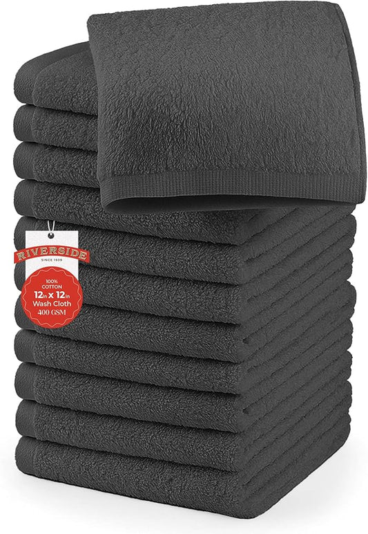 RIVERSIDE 12 Pack Washcloths - 12x12 Inches, 400 GSM, 100% Ring-Spun Cotton - Soft, Absorbent & Durable Face and Body Towels - for Bathroom, Spa, Gym, Makeup Removal & Everyday Use - Grey