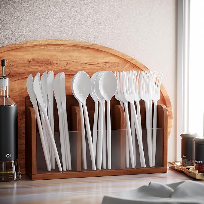 Trendables White Plastic Silverware Set White Silverware Disposable Forks and Spoons Disposable 120 Pack Plastic Utensils Set Includes 3 x 40 each Knives & Spoons & Forks For Parties and Events