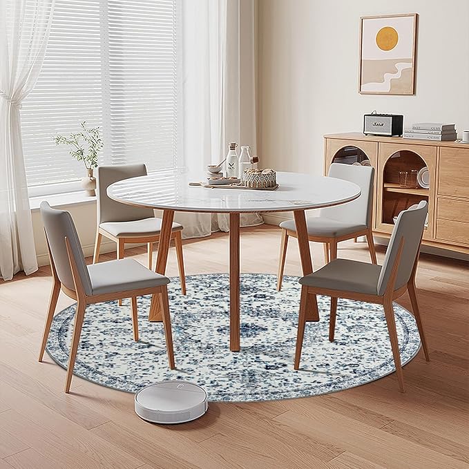 Easy-Going Round Rug 5ft Area Rug Washable Boho Circle Rugs for Living Room Non-Slip Bedroom Rug Low Pile Lightweight Floral Print Vintage Throw Rug for Dining Room Kitchen Home Office, Blue Cream