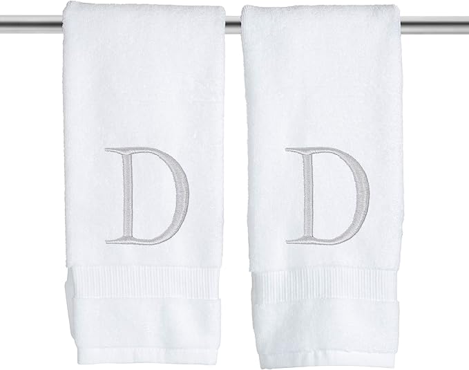 Monogrammed Hand Towels for Bathroom - Luxury Hotel Quality Personalized Initial Decorative Embroidered Bath Towel for Powder Room, Spa - GOTS Organic Certified - Pack of 2, Letter D