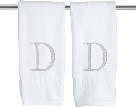 Monogrammed Hand Towels for Bathroom - Luxury Hotel Quality Personalized Initial Decorative Embroidered Bath Towel for Powder Room, Spa - GOTS Organic Certified - Pack of 2, Letter D