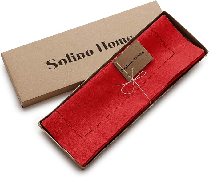 Solino Home Linen Placemats Set of 4 - Classic Hemstitch Red Placemats 14 x 19 Inch - 100% Pure Linen Table Mats for Holiday