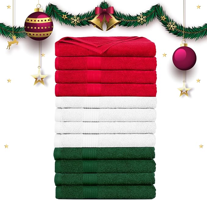 Ample Decor Hand Towels Set of 12 for Bathroom 100% Cotton 18 X 28 Inch 600 GSM Quick Drying - Christmas White, Red & Green