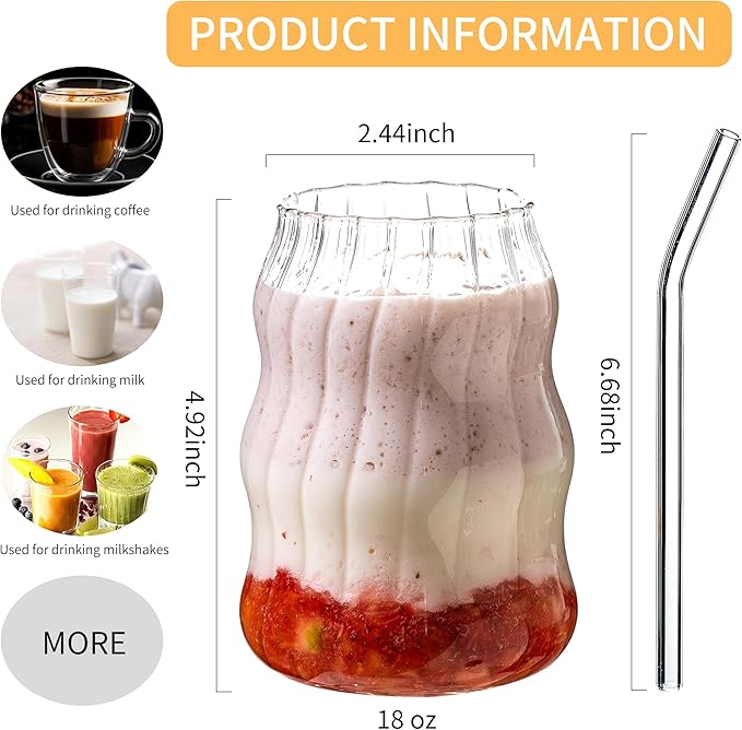 2 Pcs Ribbed Glass Cups Set with Straws 18 Oz Vintage Drinking Glassware Ripple Cocktail Glasses for Iced Coffee Soda Tea Juice Beverage Milk Reusable Tumblers
