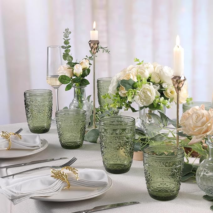 6Pcs 14OZ Drinking Glasses, Green Drinking Glasses, Colored Glassware Drinking, Highball Beverage Glasses Cup, Vintage Glassware Set for Water, Juice, Cocktail, Coffee