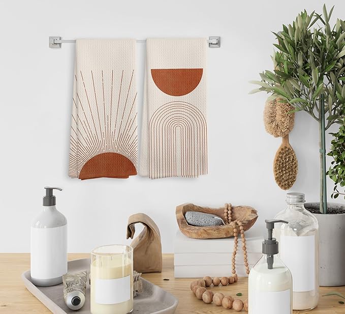 Bohemian Orange Fall Abstract Sunrise Kitchen Towels and Dishcloths Set of 2, Bohemian Sun Decorative Towels, Fall Moon Line Drying Cloth Hand Towels for Bathroom Kitchen Decor, 16×24 Inches