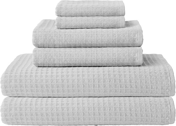 UCHINO Waffle Twist Cotton Weave Towel Set for Bathroom – 2 Bath, 2 Hand, 2 Washcloths, Lightweight Absorbent Quick Dry Honeycomb Texture Solid Terry Loop Reverse, 6 Piece, Grey