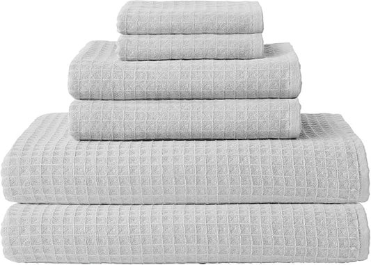 UCHINO Waffle Twist Cotton Weave Towel Set for Bathroom – 2 Bath, 2 Hand, 2 Washcloths, Lightweight Absorbent Quick Dry Honeycomb Texture Solid Terry Loop Reverse, 6 Piece, Grey