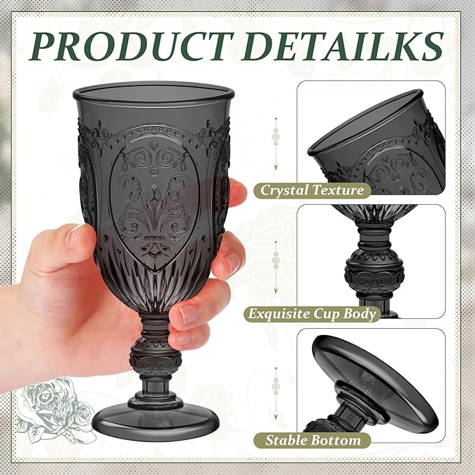 48 Pcs Plastic Goblets 7.5oz Vintage Goblet Plastic Wine Glasses Colored Retro Embossed Water Goblets for Wine Bar Juice Baby Shower Wedding Reception Grand Event Party (Black)