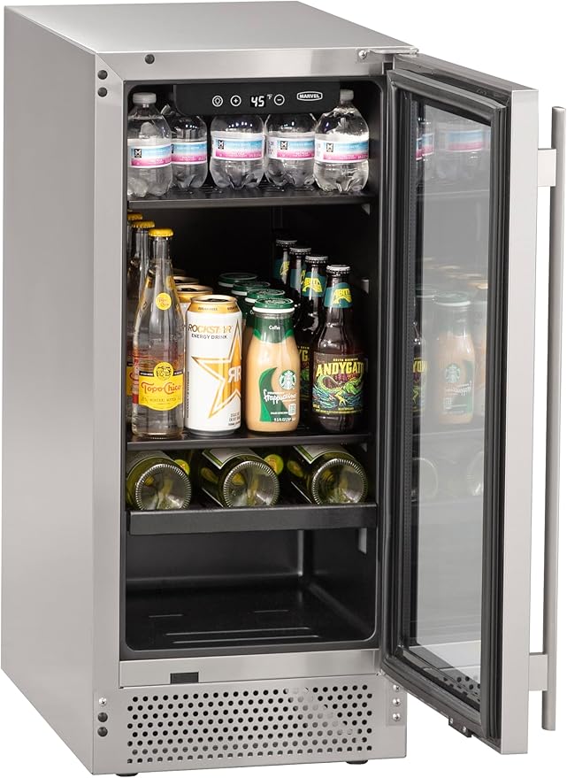 Marvel Northland Collection 15" Undercounter Beverage Center with Glass Door, 2 Adjustable Shelves & 1 Full-Extension Wine Rack, Stores up to 5 Bottles of Wine and 64 12-oz Cans, Indoor/Outdoor Rated