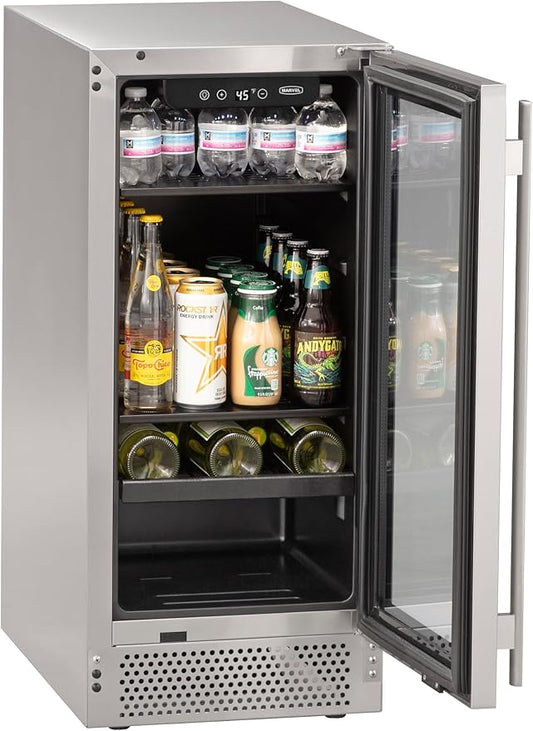 Marvel Northland Collection 15" Undercounter Beverage Center with Glass Door, 2 Adjustable Shelves & 1 Full-Extension Wine Rack, Stores up to 5 Bottles of Wine and 64 12-oz Cans, Indoor/Outdoor Rated