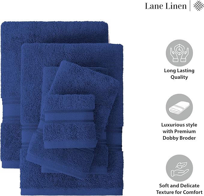 LANE LINEN 100% Mercerized Cotton Towels Set 12 – Zero Twist, 4 Bath Towels, 4 Hand Towel & 4 Washcloths, Stays Plush After Washes, Ideal for Spa, Hotel & Family Bathrooms, Highly Absorbent – Navy