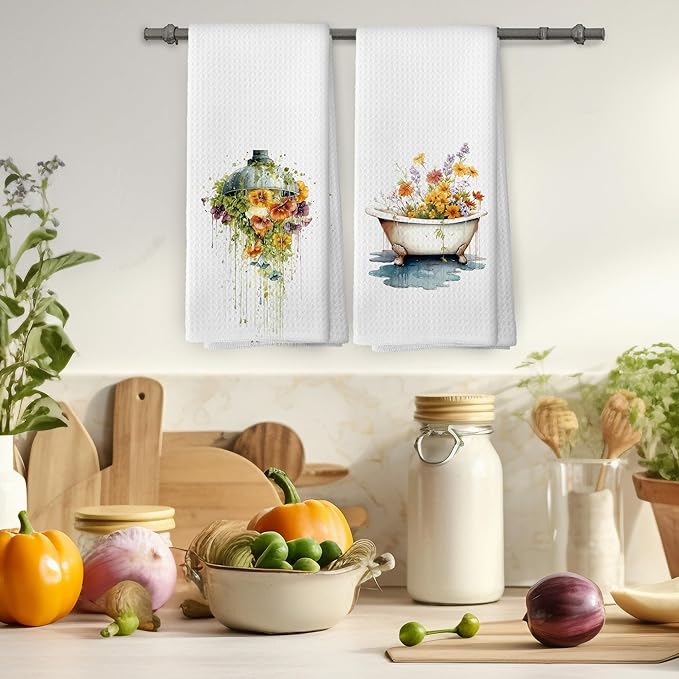 Botanical Bathroom Towels Set of 2, Floral Bathroom Cottagecore Hand Towel, Flower Bathtub Shower Room Washroom Restroom Decorative Tea Towel Dish Towels 16x24 Inch