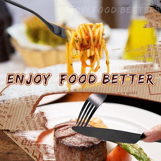 Nuenen 50 Pieces Stainless Steel Forks Silverware Set Dinner Forks and Knives Flatware Tableware Cutlery Set for Kitchen Restaurant(7.1 x 1 Inch, 8.4 x 0.7 Inch,Black)