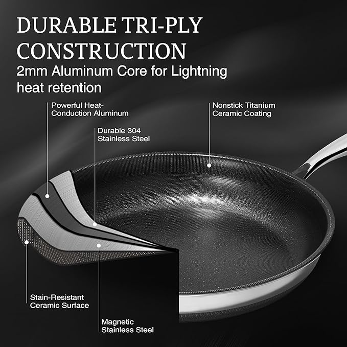 KITEXPERT Non Stick Frying Pans with Lid, 10" Titanium Ceramic Pan Nonstick Stainless Steel Skillet, PFAS PFOA & PTFE Free, Quick-Cool Handle, Dishwasher & Oven Safe, Compatible with All Cooktops