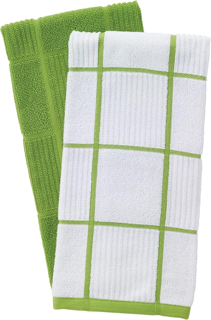 T-Fal Solid & Checked Parquet Kitchen Towels: Highly Absorbent, Super Soft Long Lasting - 100% Cotton, 16"x26" Dish Towels for Cleaning & Drying Dishes, Pans, Glassware, or Countertops, 2-Pack, Green