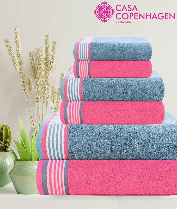 CASA COPENHAGEN He & She 6 Pieces Towel Set- Dusty Blue + Pink, 550 GSM 2 Bath Towel 2 Hand Towel 2 Washcloth, Designed in Denmark Made of Soft Egyptian Cotton for Bathroom, Kitchen & Shower