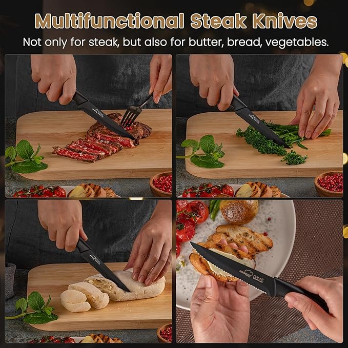 Amorston Steak Knives, Steak Knives Set of 8, Stainless Steel Steak Knife Set, Serrated Knives Dishwasher Safe, Elegant Black
