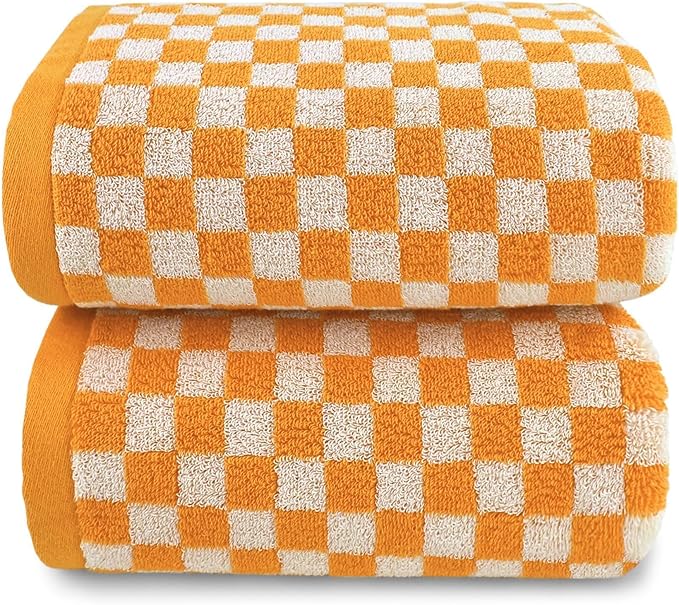 Jacquotha Orange Shower Towels for Bathroom Set of 2, Cotton Bath Towel Drying Body Hand Face Luxury 480 GSM Medium Thickness (Checkered), Fall Decor