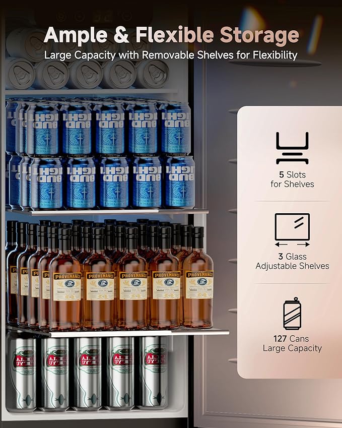15 Inch Built-In Beverage Cooler, 128 Can Under Counter Fridge with Adjustable Shelves, ≤45dB Quiet Freestanding Beer Refrigerator for Home Bar & Outdoor Use (Black)