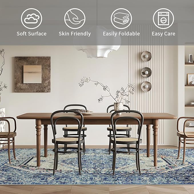 Easy-Going Area Rug 6x9 Washable Boho Rugs for Living Room Non-Slip Bedroom Rug Low Pile Lightweight Medallion Distressed Throw Rug for Dining Room Kitchen Home Office Carpet, Vintage Blue Cream