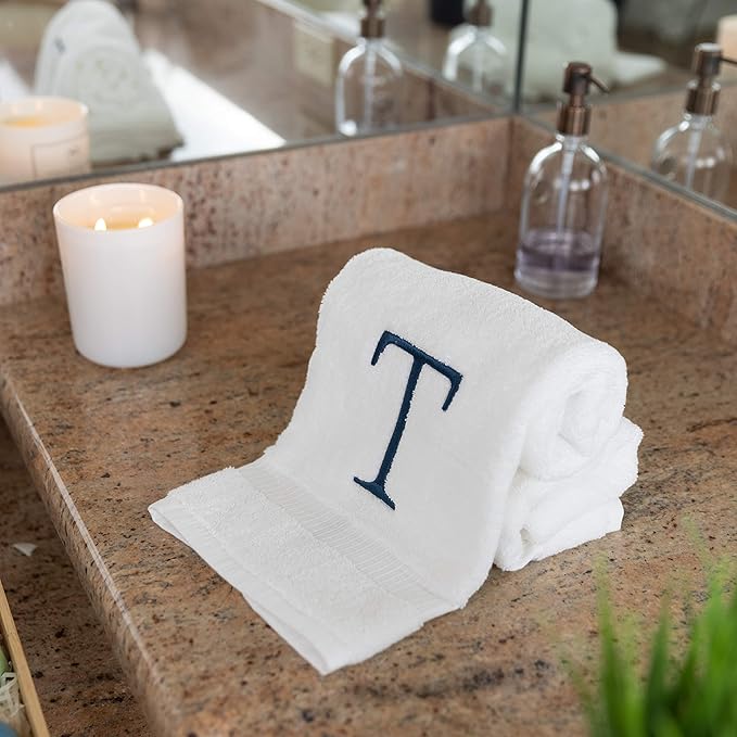 Monogrammed Hand Towels for Bathroom - Luxury Hotel Quality Personalized Initial Decorative Embroidered Bath Towel for Powder Room, Spa - GOTS Organic Certified - Set of 2 Navy Letter T