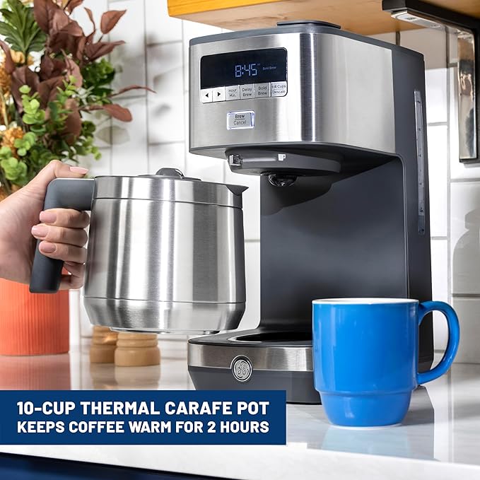 GE Drip Coffee Maker With Timer | 10-Cup Thermal Carafe Coffee Pot Keeps Coffee Warm for 2 Hours | Adjustable Brew Strength | Wide Shower Head for Maximum Flavor | Kitchen Essentials | Stainless Steel
