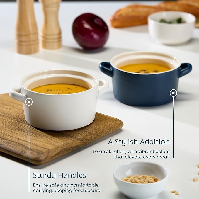 Kook Soup Crocks, Ceramic Stackable Bowls, Broil, Oven, Microwave and Dishwasher Safe, with Handles, For Casserole, Pasta, Cereal, Capacity 18 oz, Set of 4, (Matte Blue)