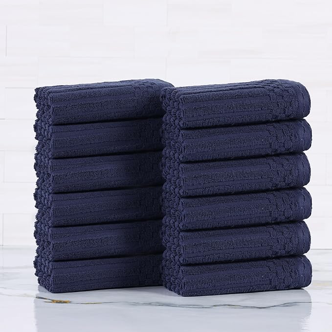 Superior Cotton Face Towel/Washcloth Set of 12, Daily Use for Bathroom, Guest Bath, Quick Dry Small Towels, Face, Hand, Gym, Spa, Hotel, Absorbent, Essentials, Ribbed, Soho Collection, Navy Blue
