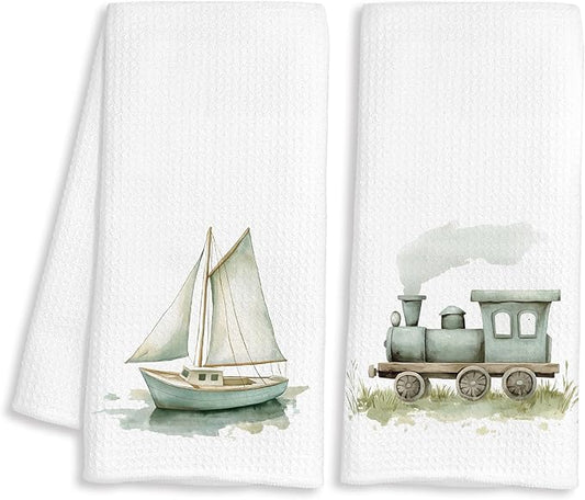 Sage Green Sailboat Steam Train Decorative Hand Towels Gifts, Kids Boys Bathroom Decor, Watercolor Transportation Decorative Dish Hand Tea Towels for Bathroom Kitchen, 16x24 Inch Set of 2