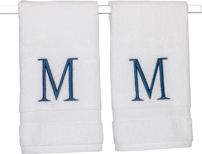 Monogrammed Hand Towels for Bathroom - Luxury Hotel Quality Personalized Initial Decorative Embroidered Bath Towel for Powder Room, Spa - GOTS Organic Certified - Set of 2 Navy Letter M