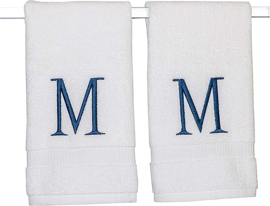 Monogrammed Hand Towels for Bathroom - Luxury Hotel Quality Personalized Initial Decorative Embroidered Bath Towel for Powder Room, Spa - GOTS Organic Certified - Set of 2 Navy Letter M