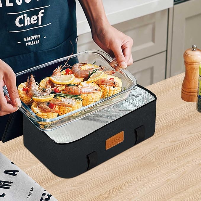 LHZK Insulated Casserole Carriers for Hot or Cold Food, Lasagna Holder Tote for Potluck Parties, Beach, Picnic, Travel, Fits 11x15 or 9x13 Dish (Black)