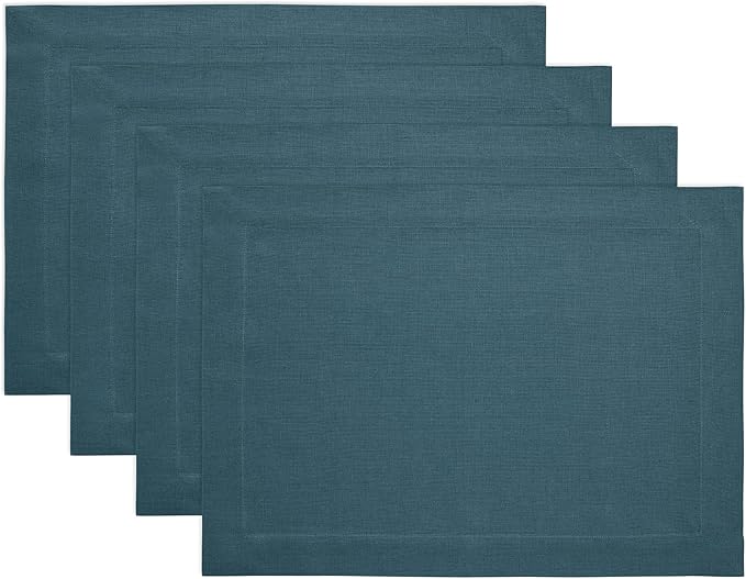 Solino Home Linen Cloth Placemats Set of 4 - 100% Pure Linen Peacock Blue Placemats 14 x 19 Inch for Winter - Fete