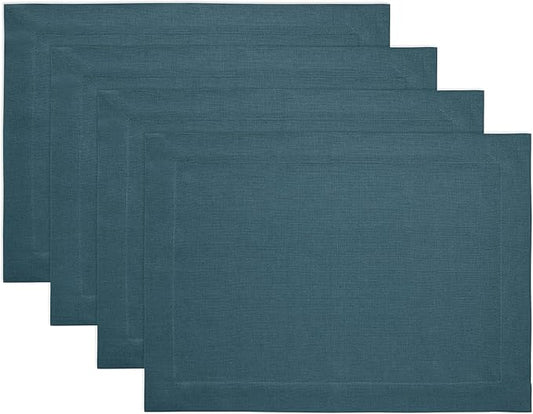Solino Home Linen Cloth Placemats Set of 4 - 100% Pure Linen Peacock Blue Placemats 14 x 19 Inch for Winter - Fete